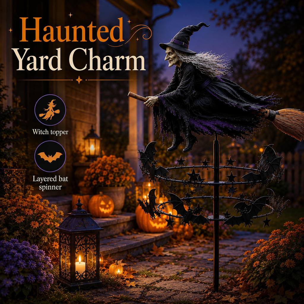 🔥49% OFF Last Day🧙‍♀️ Enchanted Witch Garden Spinner – Halloween Flying Witch & Bat Yard Stake Decor