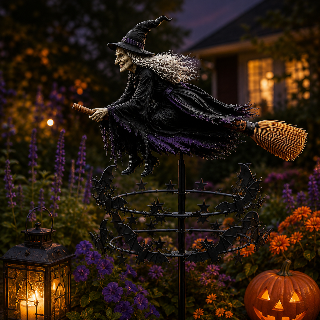 🔥49% OFF Last Day🧙‍♀️ Enchanted Witch Garden Spinner – Halloween Flying Witch & Bat Yard Stake Decor