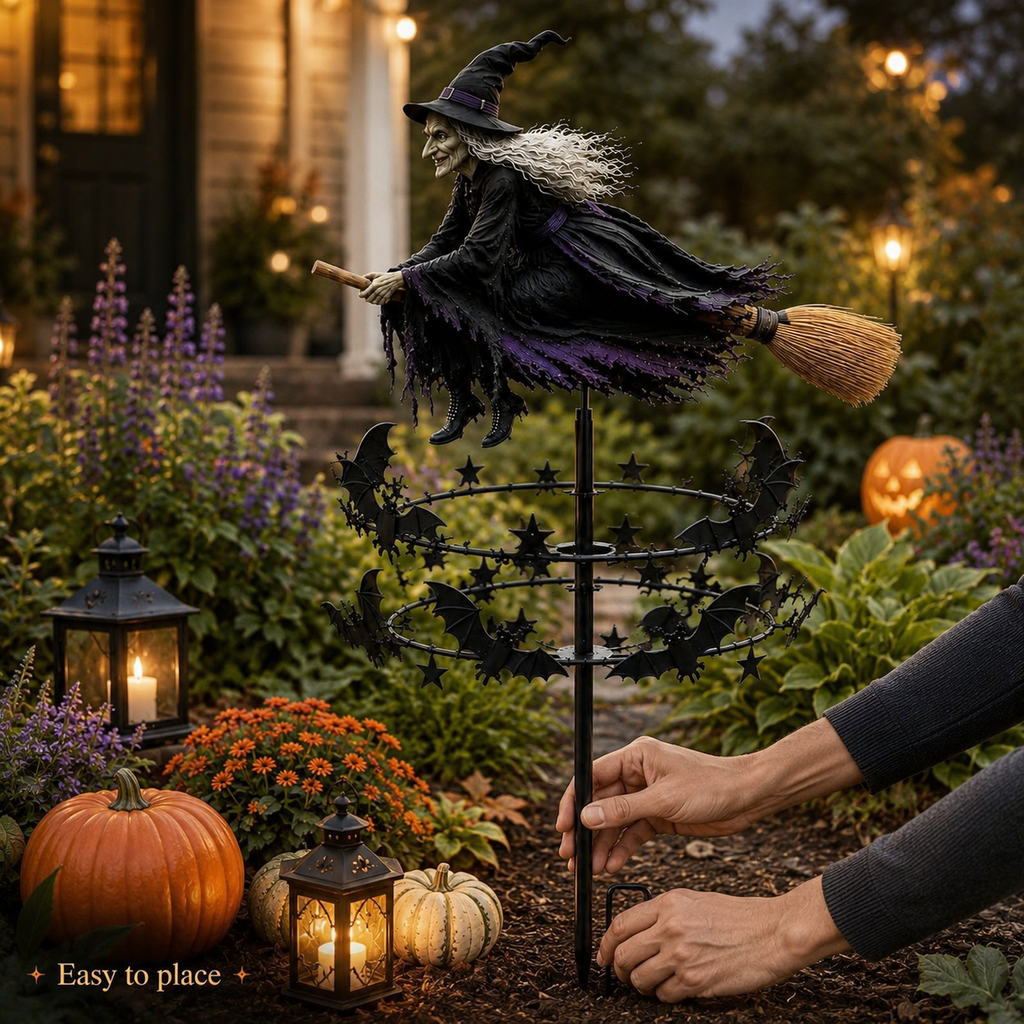 🔥49% OFF Last Day🧙‍♀️ Enchanted Witch Garden Spinner – Halloween Flying Witch & Bat Yard Stake Decor