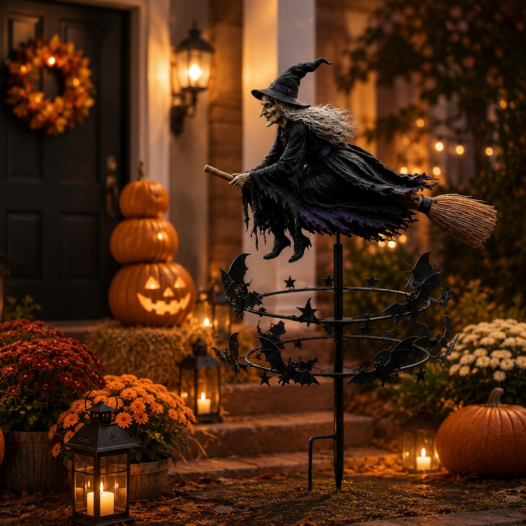 🔥49% OFF Last Day🧙‍♀️ Enchanted Witch Garden Spinner – Halloween Flying Witch & Bat Yard Stake Decor