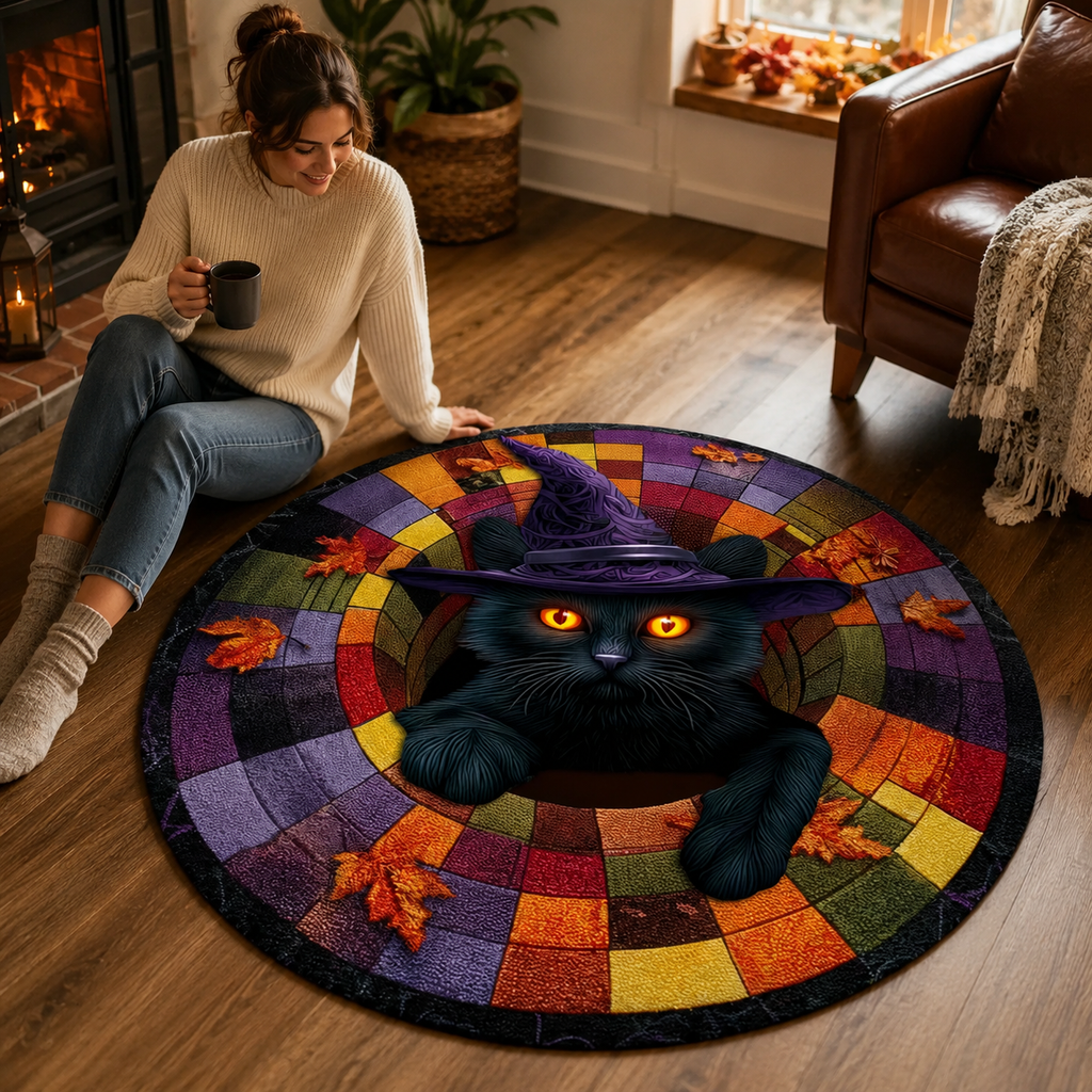 Black Cat Halloween Optical Illusion Rug, Spooky 3D Effect Rug QFTD5160903