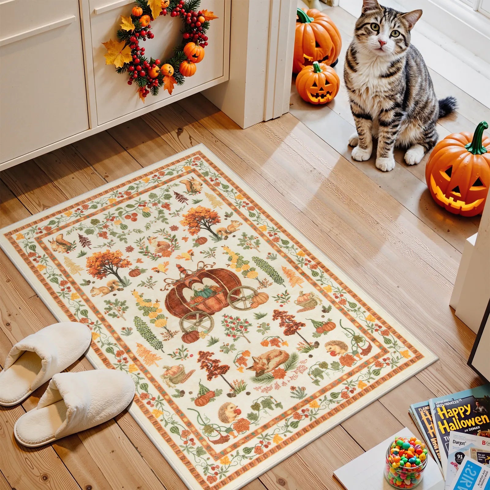 Violette Washable Halloween Pumpkin Yellow Rug