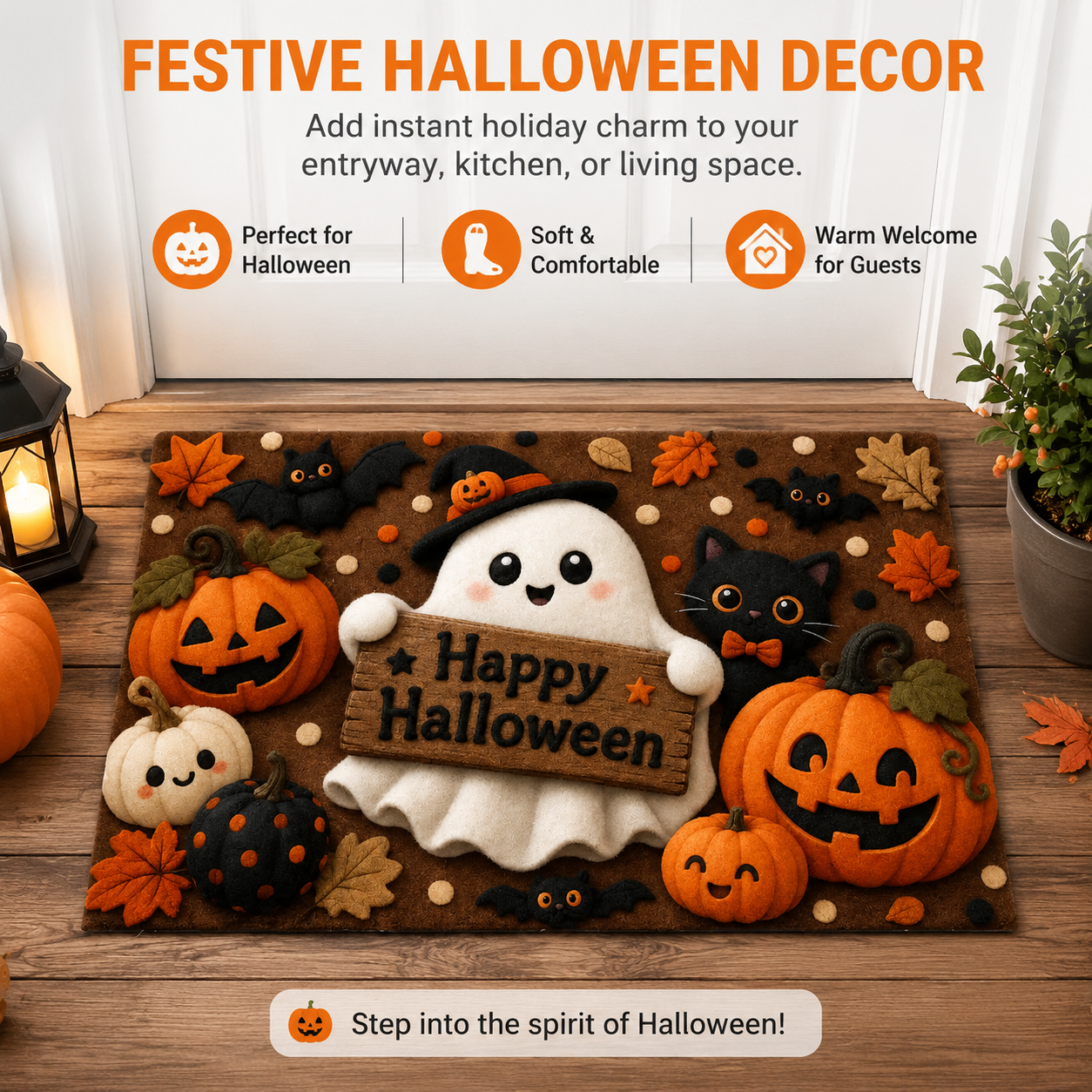 Happy Halloween Doormat Ghost Welcome Mat Indoor Outdoor Anti-Slip Rug Home Bedroom Bath Mats