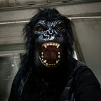 Black Gorilla Full-Head Costume Mask in Open-Eye or Eyeless Styles with Shaggy Fur and Open Mouth