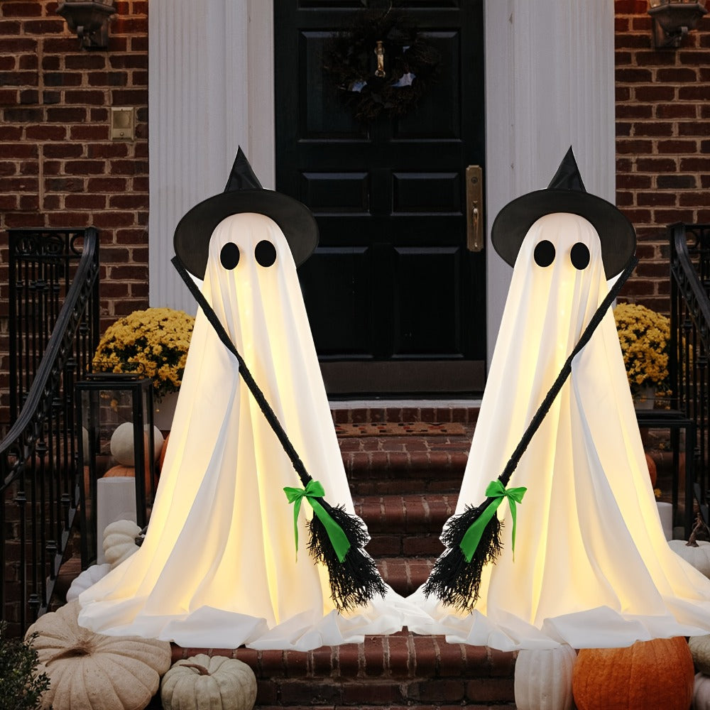 Halloween Ghost with Broom Outdoor Decoration – Eerie Spooky Ghost Ornament for Porch, Yard, Garden & Lawn, Indoor & Outdoor Halloween Party Decor