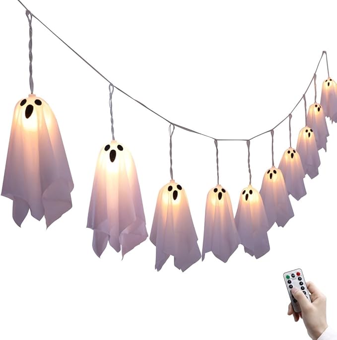 Halloween Ghost Decor - 10 LED Battery Operated Halloween Decorations Lights, 8 Modes Light Up Ghost Garland, LED String Lights Indoor Outdoor for Party, Haunted House, Fireplace, Porch, Window Decor