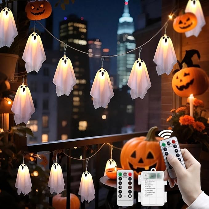 Halloween Ghost Decor - 10 LED Battery Operated Halloween Decorations Lights, 8 Modes Light Up Ghost Garland, LED String Lights Indoor Outdoor for Party, Haunted House, Fireplace, Porch, Window Decor
