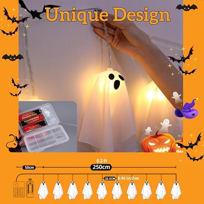 Halloween Ghost Decor - 10 LED Battery Operated Halloween Decorations Lights, 8 Modes Light Up Ghost Garland, LED String Lights Indoor Outdoor for Party, Haunted House, Fireplace, Porch, Window Decor