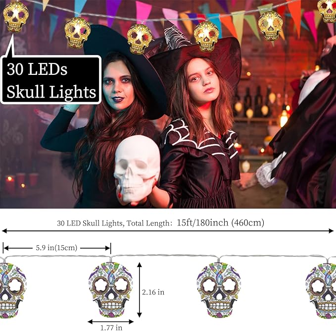 Halloween String Lights, Skull String Light Hallo ween Fall Fairy Light Battery/USB Powered Optional 2 Modes Cute Lights 2026 Indoor Outdoor Decor for Home Yard Patio (30 LED Halloween String Lights)