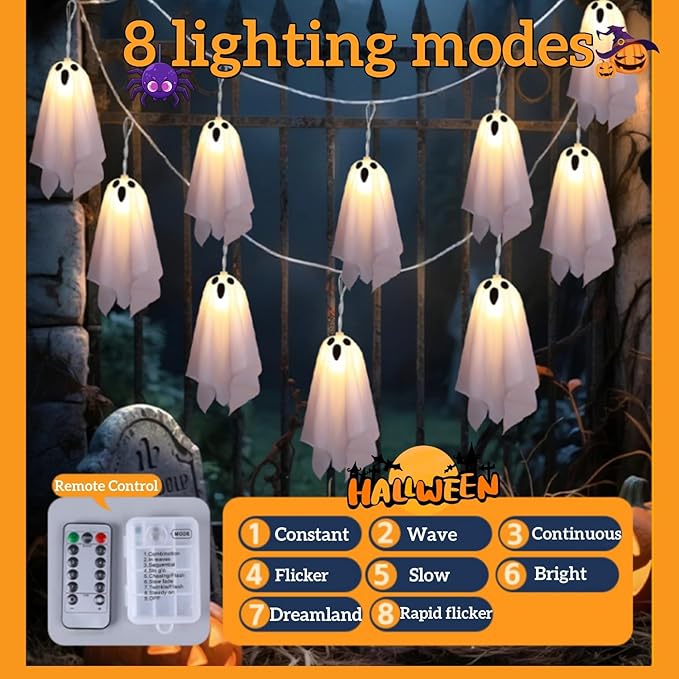 Halloween Ghost Decor - 10 LED Battery Operated Halloween Decorations Lights, 8 Modes Light Up Ghost Garland, LED String Lights Indoor Outdoor for Party, Haunted House, Fireplace, Porch, Window Decor