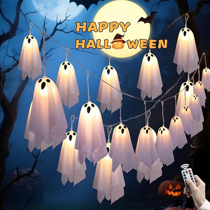 Halloween Ghost Decor - 10 LED Battery Operated Halloween Decorations Lights, 8 Modes Light Up Ghost Garland, LED String Lights Indoor Outdoor for Party, Haunted House, Fireplace, Porch, Window Decor