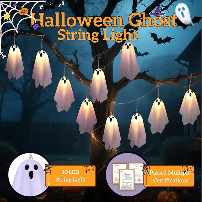 Halloween Ghost Decor - 10 LED Battery Operated Halloween Decorations Lights, 8 Modes Light Up Ghost Garland, LED String Lights Indoor Outdoor for Party, Haunted House, Fireplace, Porch, Window Decor