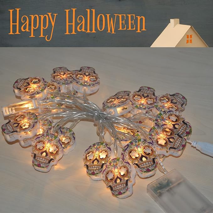 Halloween String Lights, Skull String Light Hallo ween Fall Fairy Light Battery/USB Powered Optional 2 Modes Cute Lights 2026 Indoor Outdoor Decor for Home Yard Patio (30 LED Halloween String Lights)