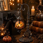 🎃 Gothic Pumpkin Lantern Stand | Warm Orange LED Glow, Victorian Skull Details & Haunted Shelf Decor 🕯️