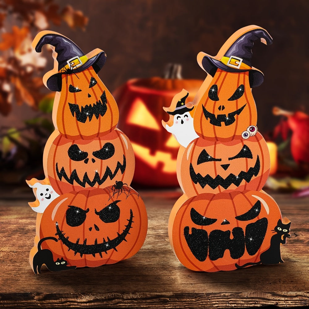 Two-Piece Halloween Pumpkin Stack Tabletop Decoration Set with Witch Hats, Ghost Accents and Glitter-Look Finish