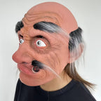 Bald Old-Man Full-Head Costume Mask with Gray Brows, Mustache, Side Hair and Faux Cigar for Adult Halloween Parties