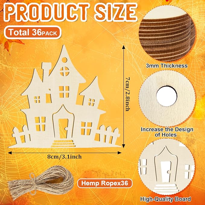 36PCS Wooden Halloween Ornaments to Paint Fall Decorations, 12 Styles DIY Blank Autumn Unfinished Wood Skull Pumpkin Ghost Bat Boo Trick or Treat Halloween Cutouts Ornament for Crafts Party Hanging