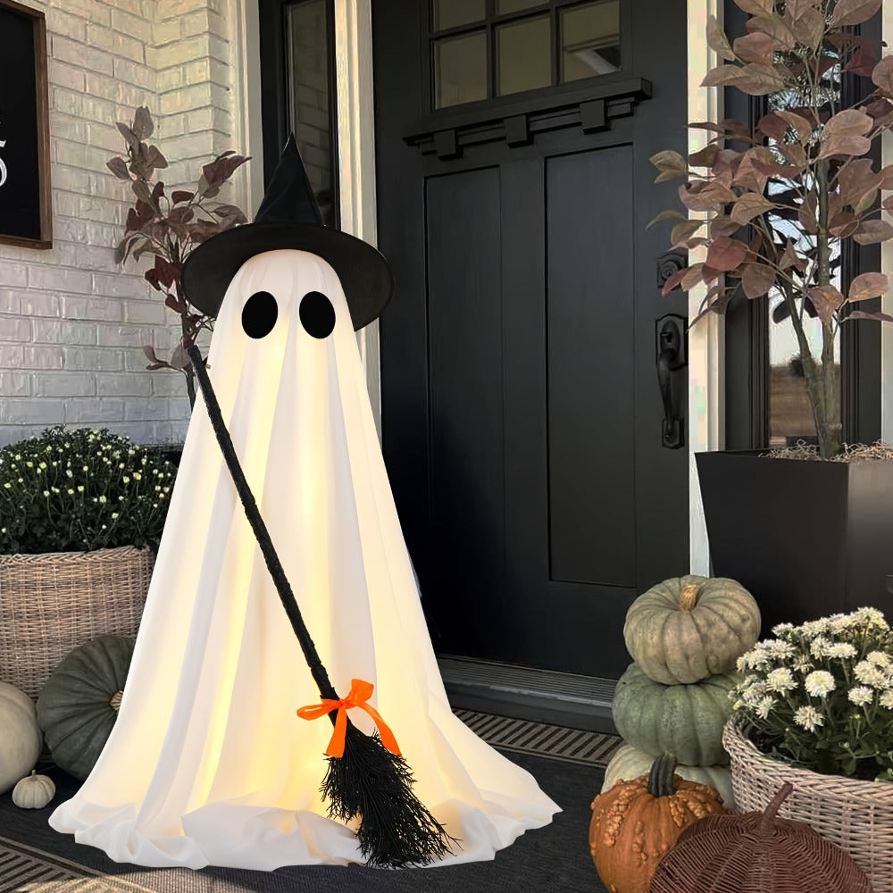 Halloween Ghost with Broom Outdoor Decoration – Eerie Spooky Ghost Ornament for Porch, Yard, Garden & Lawn, Indoor & Outdoor Halloween Party Decor