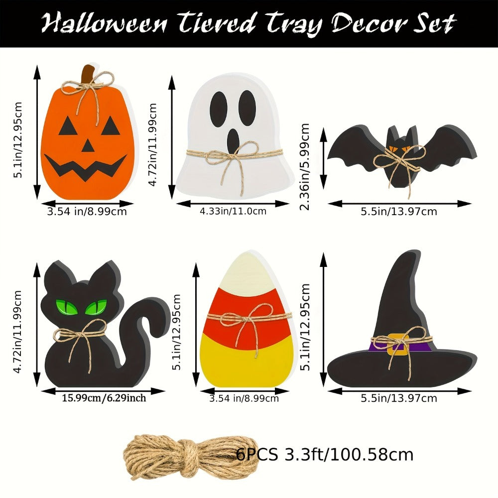 Six-Piece Halloween Freestanding Table Sign Set with Pumpkin, Ghost, Bat, Black Cat, Witch Hat and Candy Corn