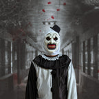 White Horror Clown Costume Mask with Full-Head Latex-Style Hood, Red Teeth and Attached Black Hat