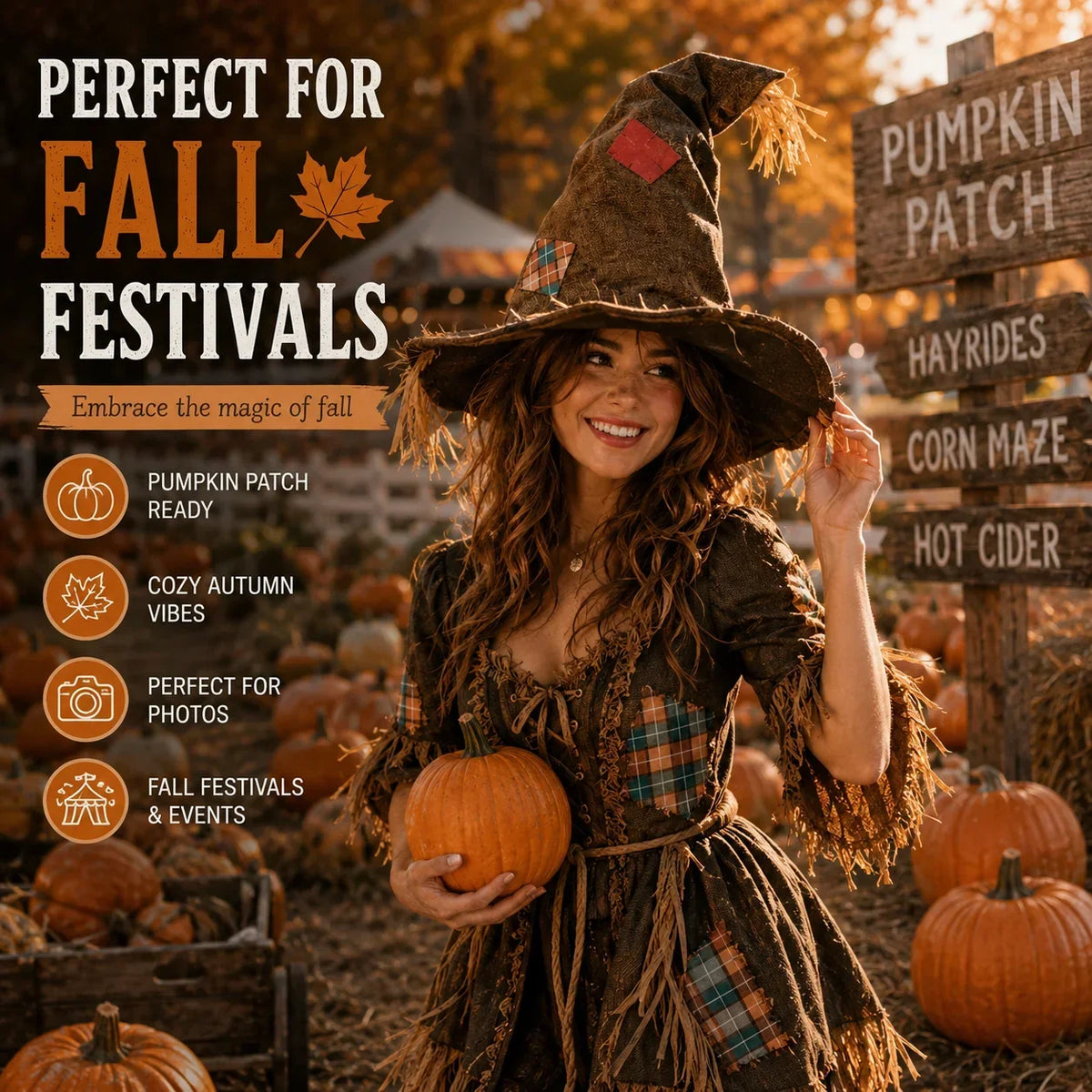 Witch Hat for Women, Pumpkin Patch Costume Accessory for Fall Festival