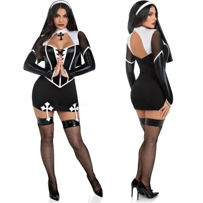 Nun Sexy Black Pu Halloween Costume for Women
