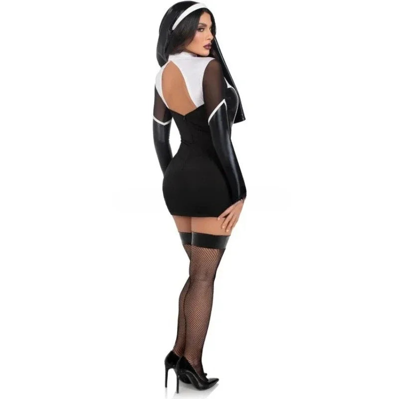 Nun Sexy Black Pu Halloween Costume for Women