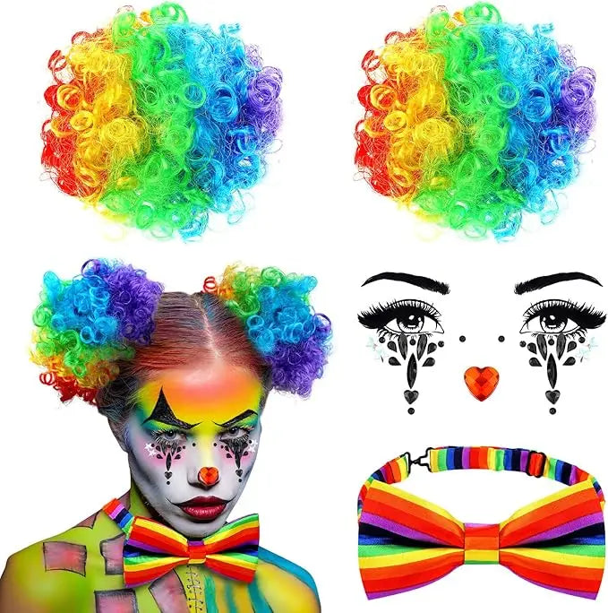 Women Halloween Clown Accessories Rainbow Wig Hair Clip On Puff Buns Clown Bowtie