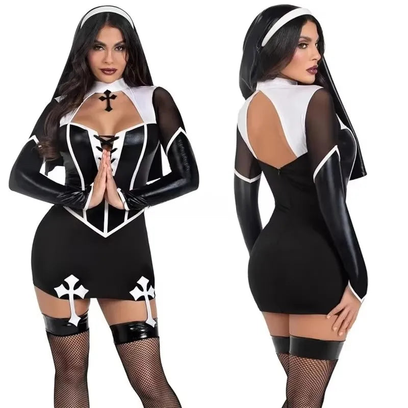 Nun Sexy Black Pu Halloween Costume for Women