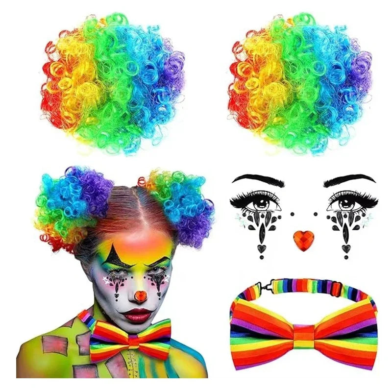 Women Halloween Clown Accessories Rainbow Wig Hair Clip On Puff Buns Clown Bowtie