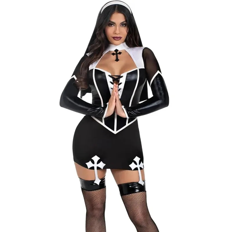 Nun Sexy Black Pu Halloween Costume for Women