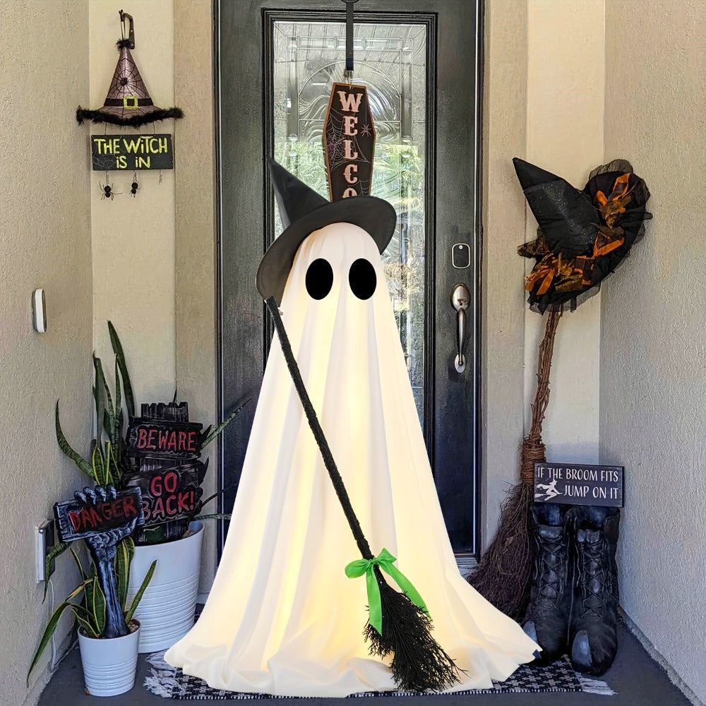 Halloween Ghost with Broom Outdoor Decoration – Eerie Spooky Ghost Ornament for Porch, Yard, Garden & Lawn, Indoor & Outdoor Halloween Party Decor