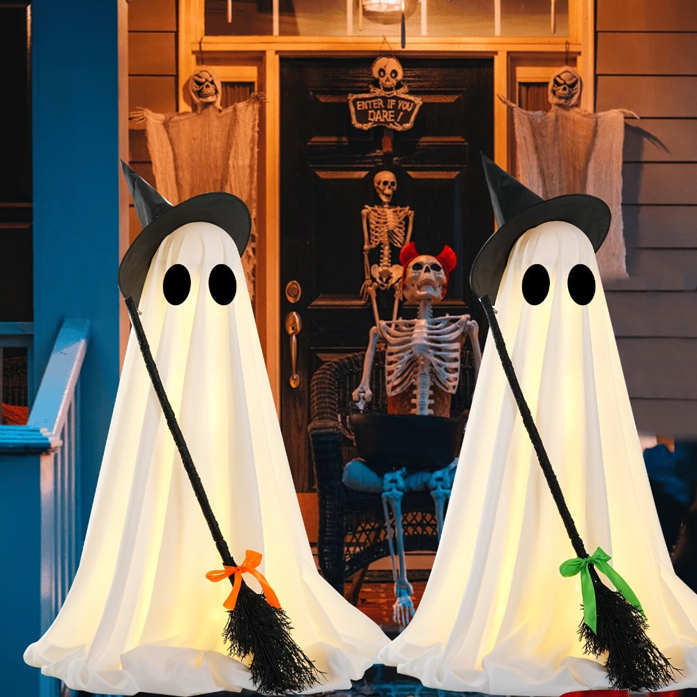 Halloween Ghost with Broom Outdoor Decoration – Eerie Spooky Ghost Ornament for Porch, Yard, Garden & Lawn, Indoor & Outdoor Halloween Party Decor