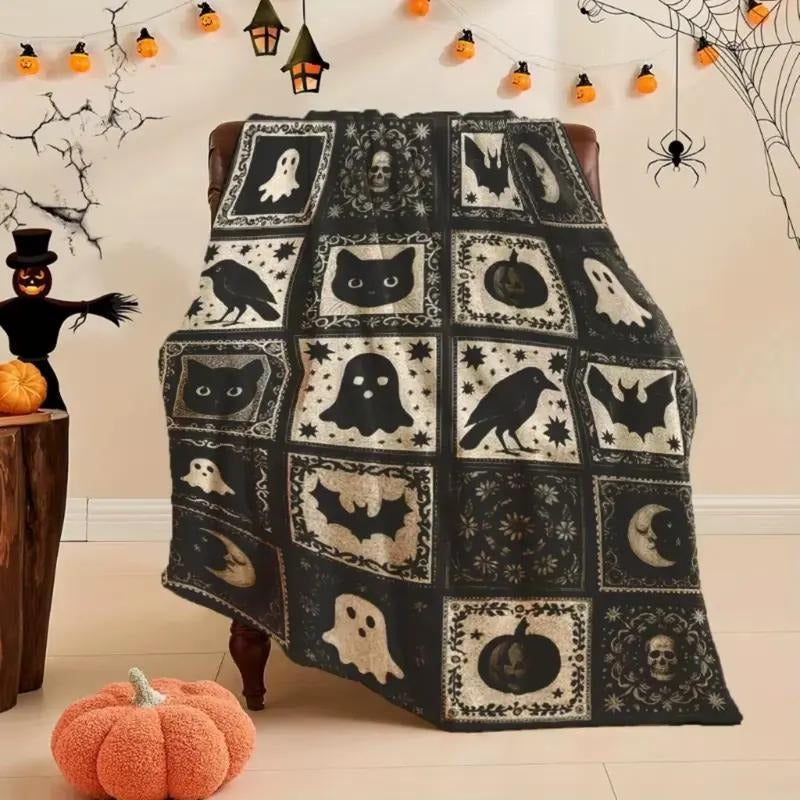 Black and White Ghost Bat Pumpkin Witch Hat Pattern Soft Funny Throw Blanket