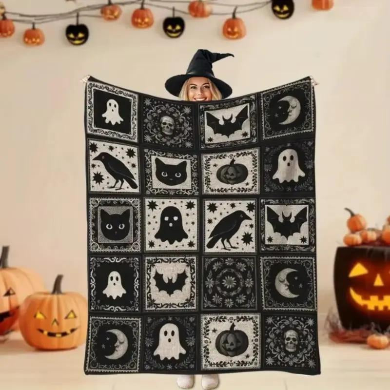 Black and White Ghost Bat Pumpkin Witch Hat Pattern Soft Funny Throw Blanket