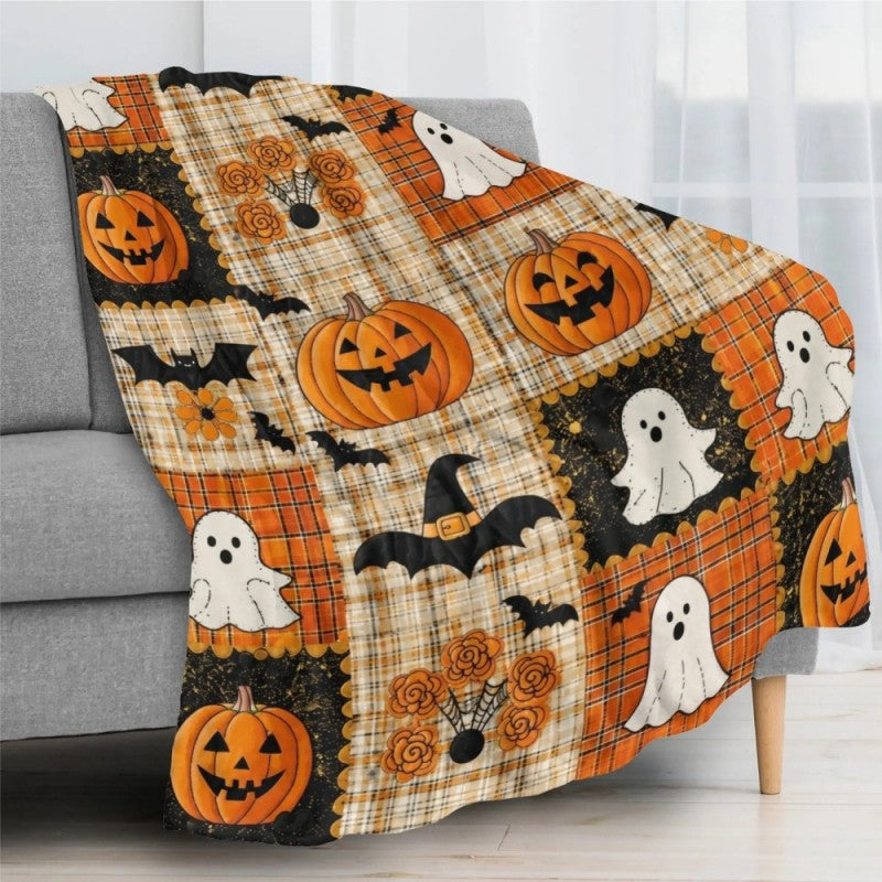 Vintage Plaid Pumpkin Ghost Bat Patchwork Halloween Flannel Throw Blanket