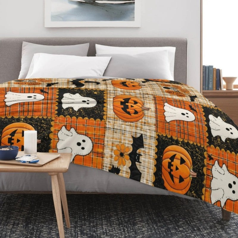 Vintage Plaid Pumpkin Ghost Bat Patchwork Halloween Flannel Throw Blanket