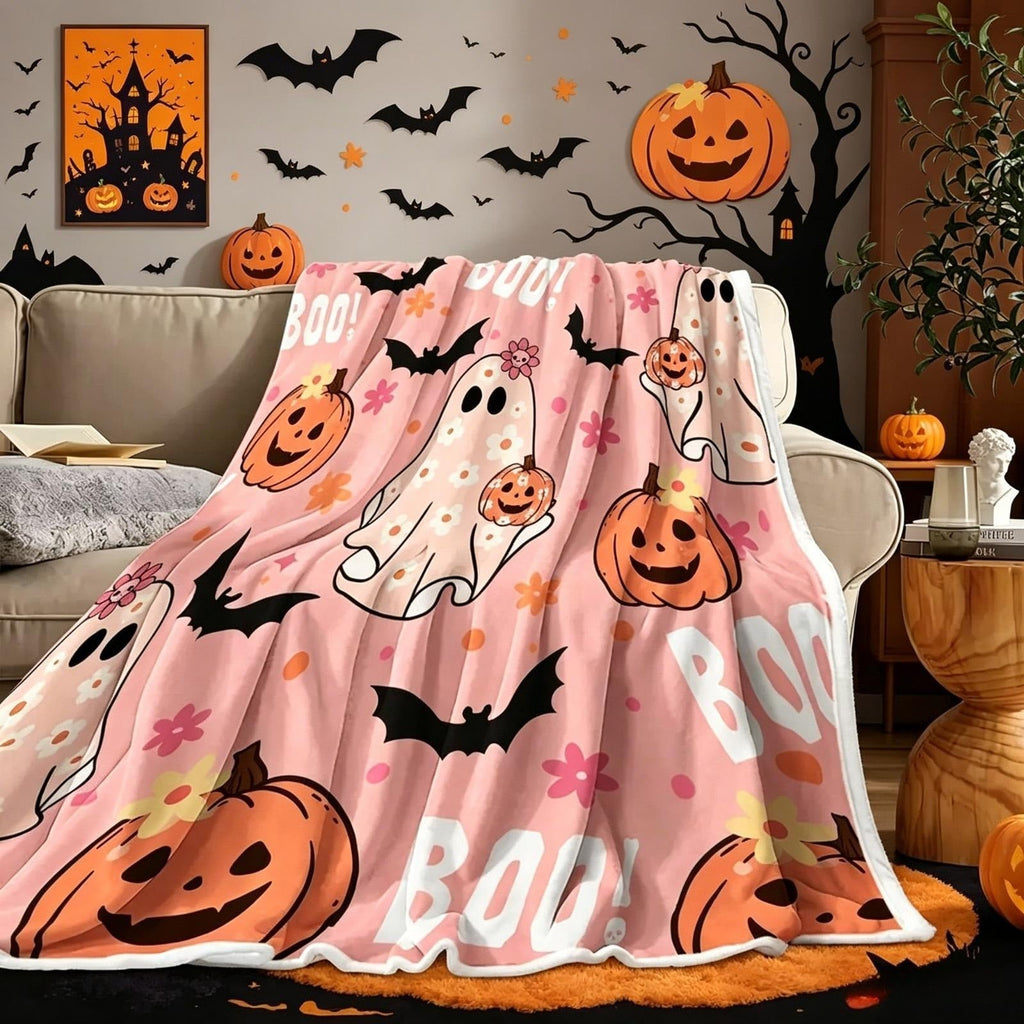 Cute Ghost Pumpkin Bat Print Flannel Blanket