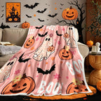 Cute Ghost Pumpkin Bat Print Flannel Blanket