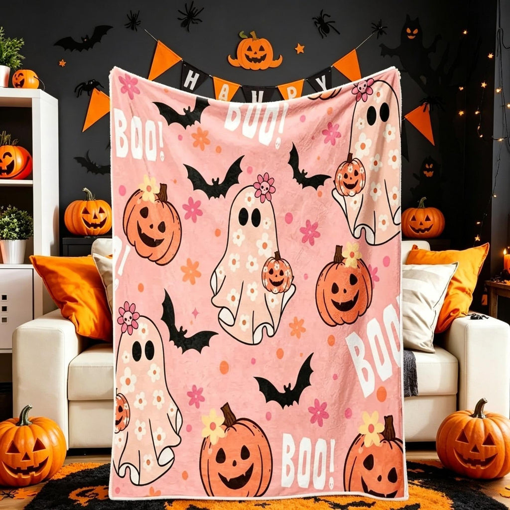 Cute Ghost Pumpkin Bat Print Flannel Blanket