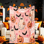 Cute Ghost Pumpkin Bat Print Flannel Blanket
