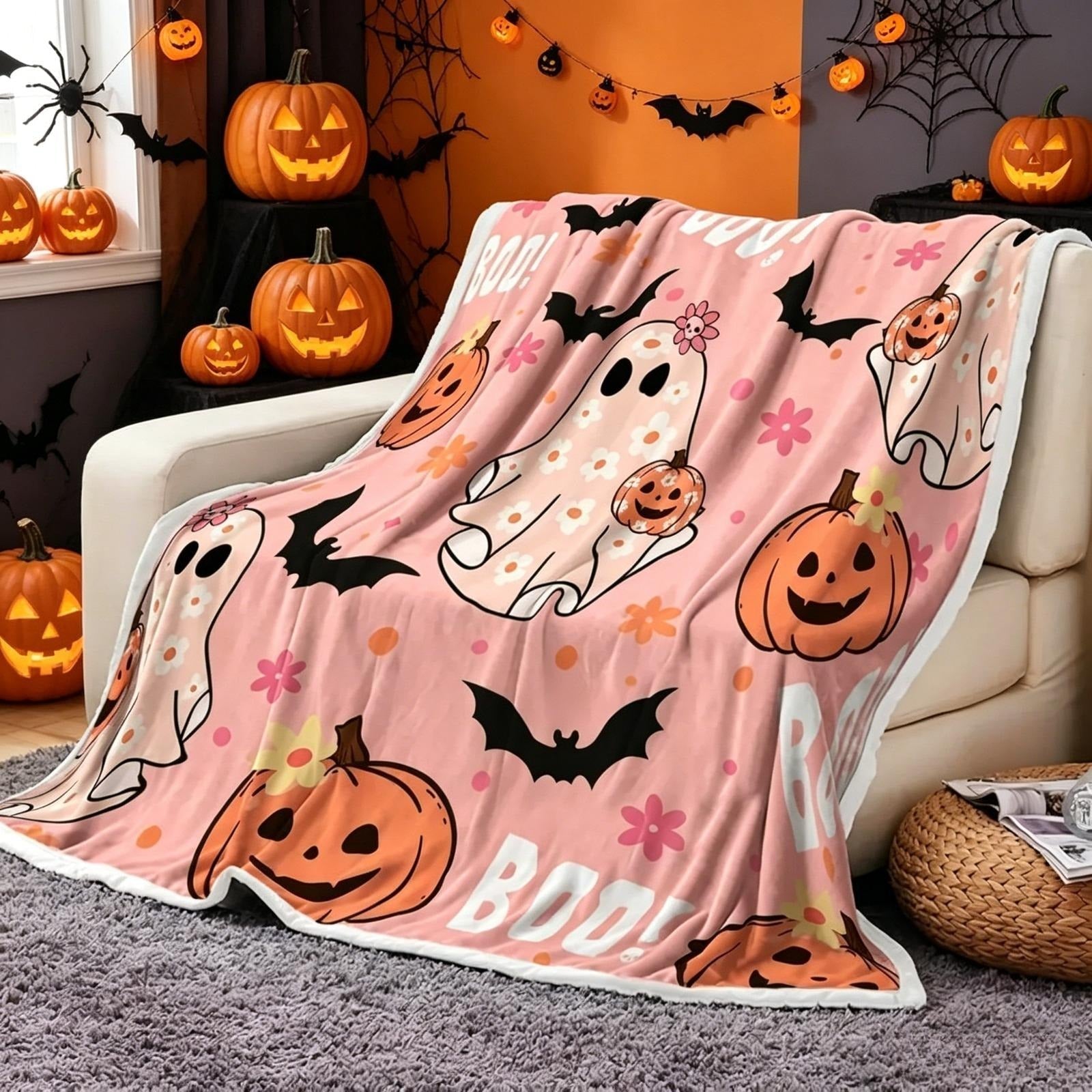 Cute Ghost Pumpkin Bat Print Flannel Blanket