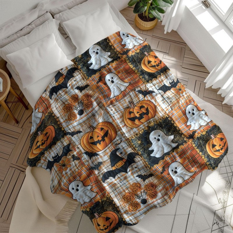 Vintage Plaid Pumpkin Ghost Bat Patchwork Halloween Flannel Throw Blanket