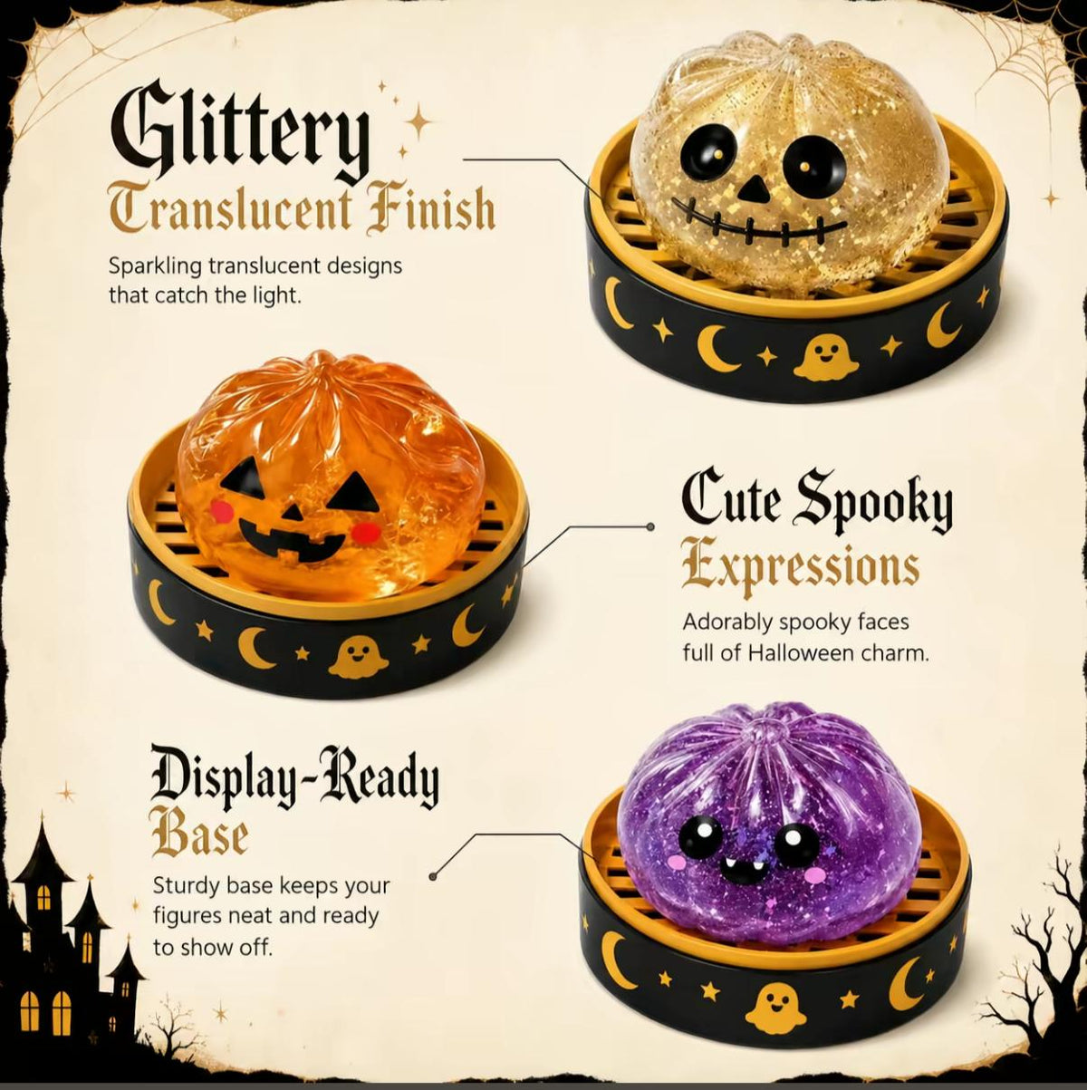 2026 Halloween Glitter Spooky Dumpling Squishy Stress Ball with Steamer Base