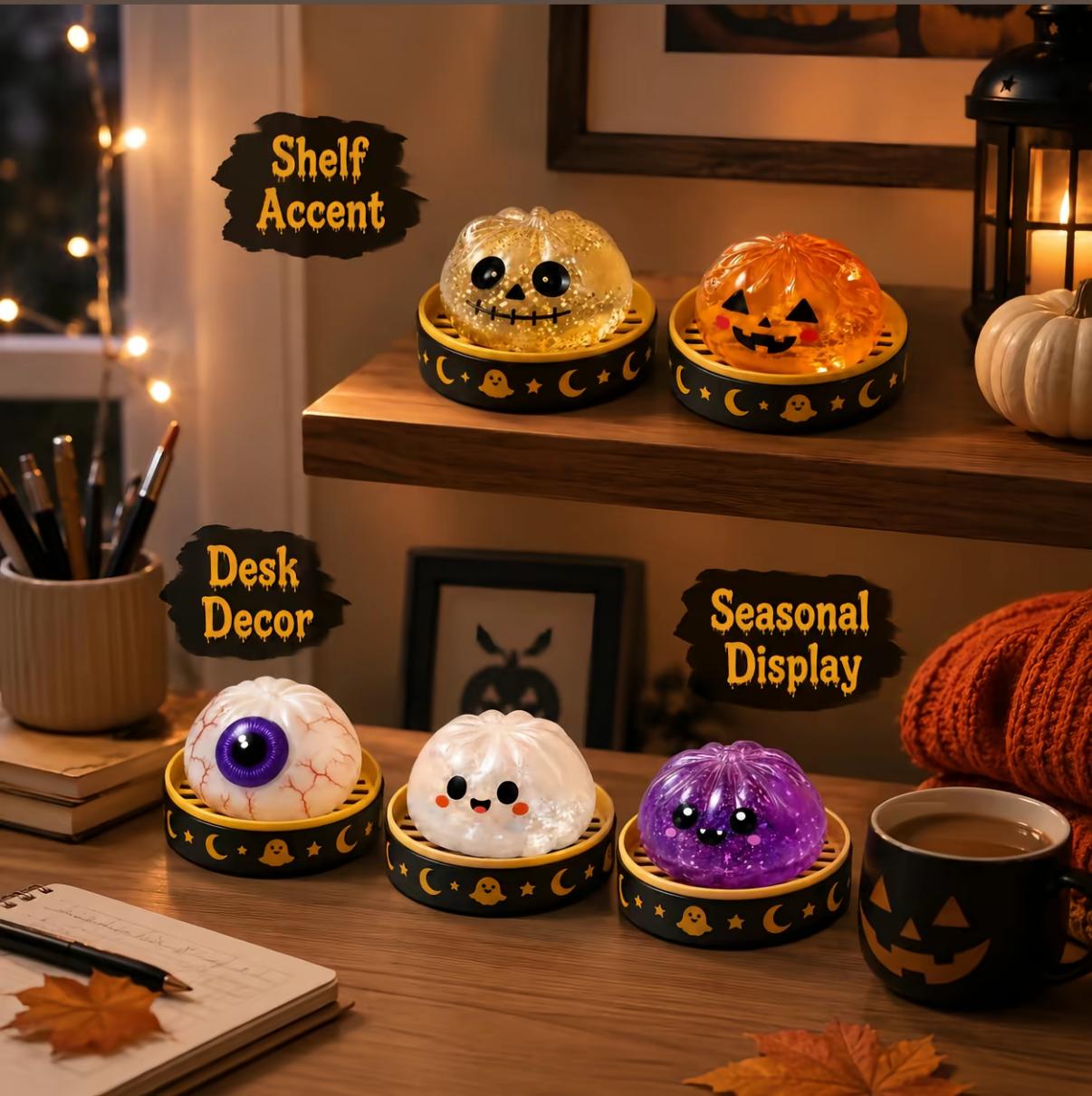 2026 Halloween Glitter Spooky Dumpling Squishy Stress Ball with Steamer Base